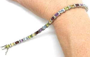 Sterling Silver 925 Multi Genuine Gemstone 7 Inch Vintage Tennis Bracelet 16.6 g - Picture 1 of 9