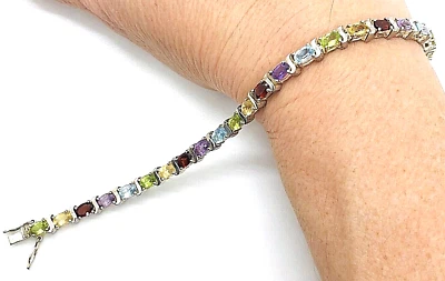 Sterling Silver 925 Multi Genuine Gemstone 7 Inch Vintage Tennis Bracelet 16.6 g - Image 1 of 4
