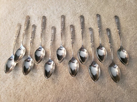 ST DUNSTAN CHASED by GORHAM Set 12 Sterling Silver DEMITASSE SPOONS 4.25" Cover