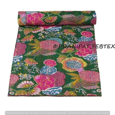 Colcha Kantha India Estampado Tropical Verde Queen Algodón Colcha Foto 1 de 4