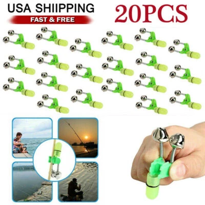 20 PCS LED Night Fishing Bite Bait Alarm 2 Bells Light Rod Tip Clip Alert Ring