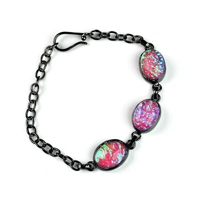 Fashion Women Glass Fire Opal Black Polished Handmade Chain Bracelet Jewelry - Image 1 of 4
