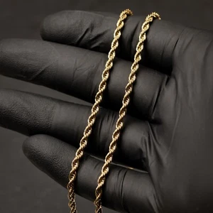 Solid Yellow Gold Plated Heavy 316 Stainless Steel 3MM Twist Rope Chain Necklace - Picture 1 of 6