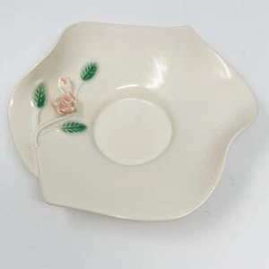 Vintage MCM Ceramic Dish Jewelry Bowl Wavy Edges Low Profile Pink Green Rose - Picture 1 of 5