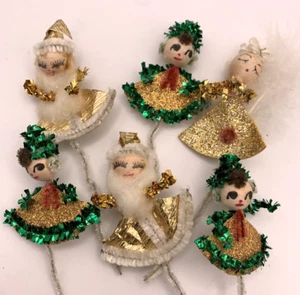Vintage Spun Cotton Angels 2" Mica Christmas Figure Chenille Set of 6 Japan Putz - Picture 1 of 11