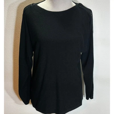 Diane Gilman DG2 黑色纽扣肩毛衣女式 M 长袖套衫 — 第 1/4 张图片