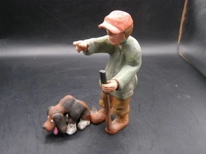 Vintage One of a kind Folk art wood carving. Hunter with dog . Signed - Picture 1 of 6