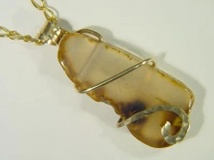 ABER handgehämmert 14K Gold Füllung Draht umwickelt natürlicher Achat Anhänger 0055E - Bild 1 von 3