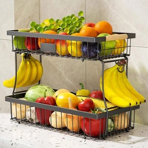 2 Tier Fruit Basket for Kitchen Counter,Wire Tiered Fruit Bowl with Hangers - Picture 1 of 8