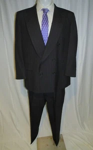 Paul Stuart Blue Striped Woven in England Peak Lapel Double Breasted Suit 46R - Picture 1 of 16