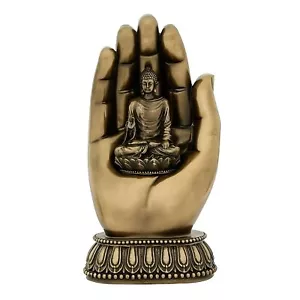 8" Lord Buddha in Hand Palm Bonded Bronze Idol Statue Home Decor - Picture 1 of 5