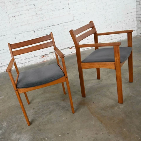Scandinavian Modern Teak Pair of Armchairs Brushed Charcoal Fabric Seat Cushions Cover