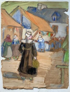 Emile JOURDAN - Antique French Nabi Painting 1900's Breton Women in The Village - Picture 1 of 10