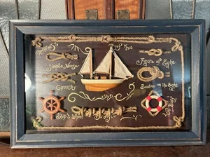 Nautical Knot Wooden Wall Shadow Box Distressed Navy Blue Frame Twine Miniatures - Picture 1 of 12
