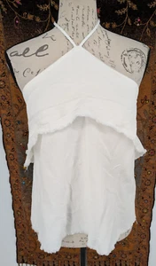 HONEY PUNCH Halter Top White Cotton Linen Cropped Raw Edges - Picture 1 of 9