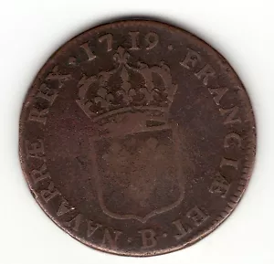 French Colonial, Rare 1719 B copper sol, John Law period - Foto 1 di 2