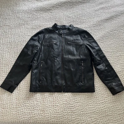 Guess Mens Black Faux Leather Zip Moto Jacket Size XL - Image 1 of 4