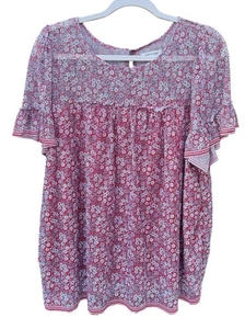 Max Studio Womens Floral Print Short Sleeve Ruffle Top Cottagecore1X Lined Red - Picture 1 of 6