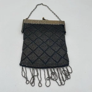 Vintage Beaded Purse Silver Metal Mesh Floral Etched Black Antique Fringe - Picture 1 of 18