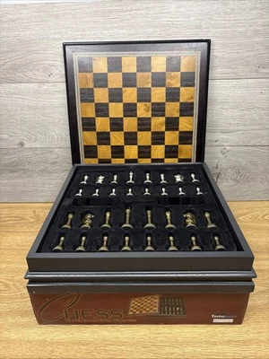 Inlaid Burl Wood Chess Board Game Set with Metal Chess Pieces - Image 1 of 4