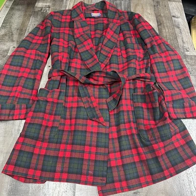 Vintage Pendleton Wool Christmas Plaid Red Belted Robe Large - - Image 1 of 4