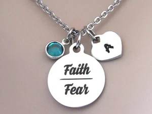 Faith over Fear Necklace with Initial Heart & Birthstone, Motivational Daughter - Picture 1 of 6