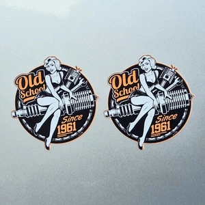 2x Small 1961 Old School Pinup Girl Mechanic Vinyl Sticker Decal 56x60mm Each - Bild 1 von 1