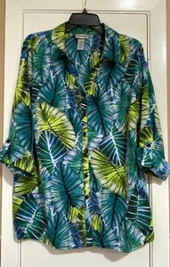 Catherines Size 0X (14/16 ) Leaf Multi-color Roll Tab Sleeves Button Down Top - Picture 1 of 5
