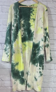 Umgee Tie Dye Duster Cardigan Women's Large Green Yellow Ribbed Slits Pockets - Picture 1 of 8