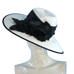 Vintage Derby Hat Wide Brim White Black Rose Flower Detail Sombrero Spitalfields - Picture 1 of 16