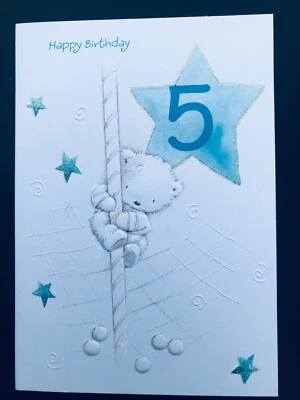 Tarjeta de 5º cumpleaños niño de 5 años, oso lindo, verso, 7" x 5" Foto 1 de 4