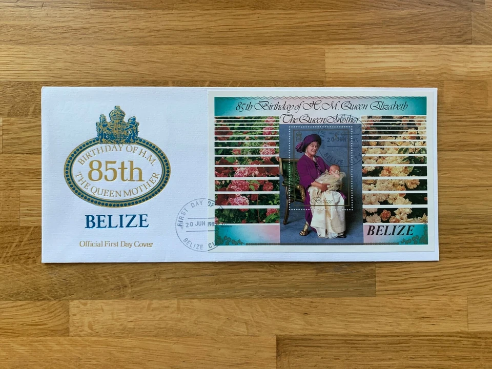 BELIZE 1985 FDC QUEEN MOTHER 85TH BIRTHDAY ROYALTY MINISHEET PRINCE HARRY - Image 1 of 1