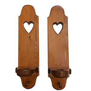 Set of 2 Vtg Wood Wall Sconce Candle Holder Heart Cutout Country Farmhouse 13”