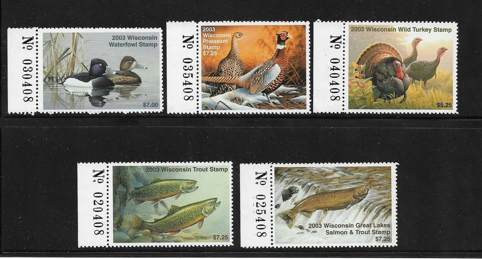 State Hunting/Fishing Revenues: WI 2003; Duck/P/WT/T/GL; Set/5 w/Matched #s; MNH - Image 1 of 1