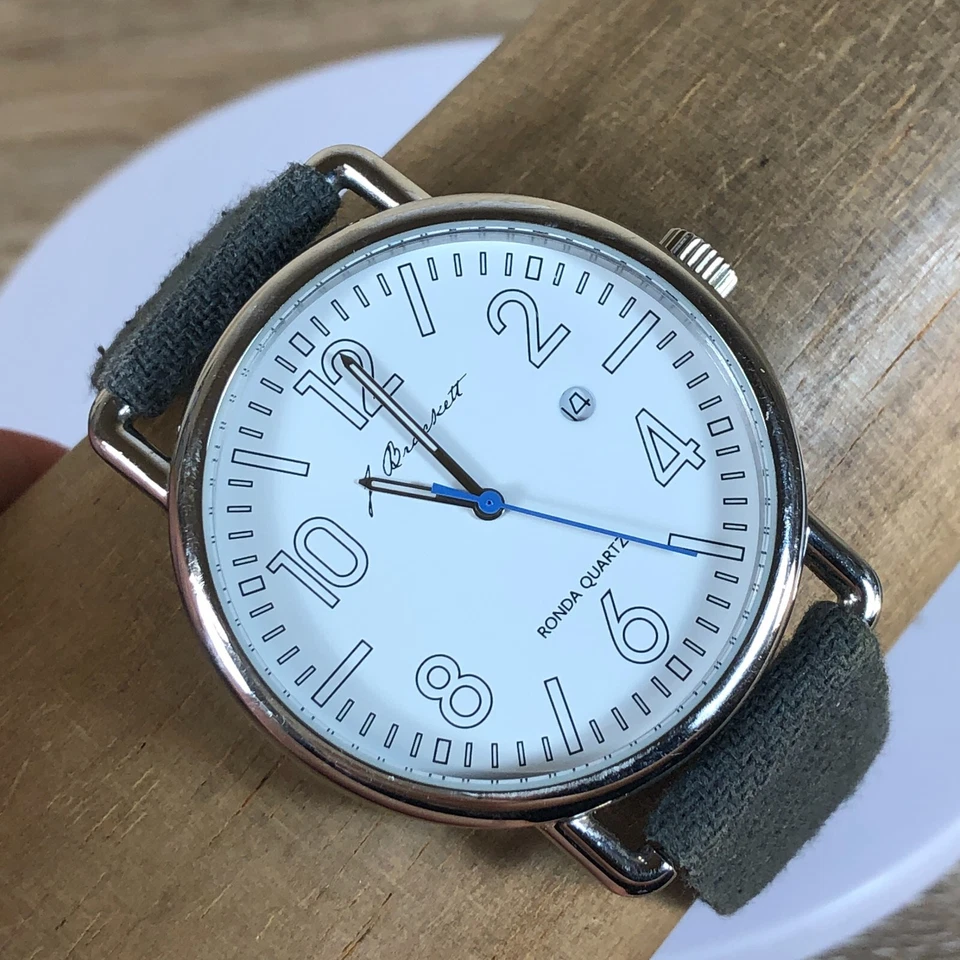 J. Brackett Men White Dial Date Leather Ronda 42mm Quartz Analog Watch 8 1/4" - Image 1 of 4