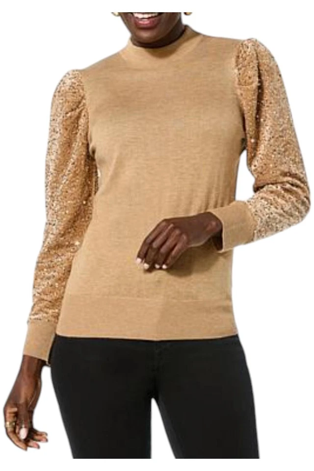 Christian Siriano Women's Mock Neck Sequin Puff Sleeve Sweater Gold - Image 1 of 1
