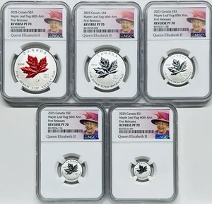 2025 QUEEN ELIZABETH SILVER 60TH MAPLE LEAF FLAG NGC PF70 5~COIN REV PROOF SET - Picture 1 of 11