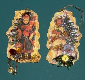 VTG Christmas Ornaments W/ Santa & Child Design Glitter Accents Dangling Charms  - Picture 1 of 2