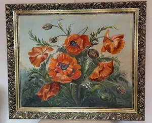 Vintage still life oil canvas painting poppies art nouveau gilt signed large - Picture 1 of 8