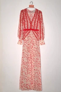 Self Portrait Kleid 8 rot creme Spitze Plissee Maxikleid Langarm Weihnachten - Bild 1 von 16