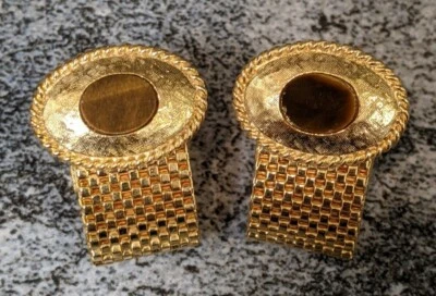 Gemelos envolventes de malla vintage Dante marrón cabujón tono dorado mediados de siglo mod Foto 1 de 4