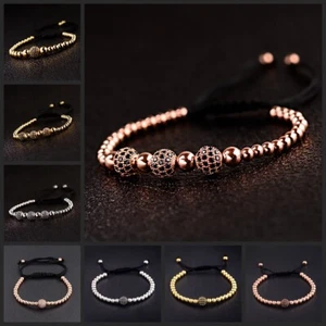 Fashion Gold Plated Micro Pave White Black CZ Bead Braiding Men Women Bracelets - Picture 1 of 72