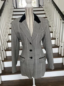 VTG David N 1980s Blazer Black White 100% Wool Velvet Collar And Buttons Sz 12 - Picture 1 of 11