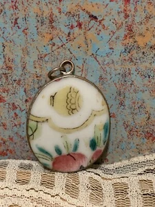 Vintage Asian Style round glass ceramic Pendant hand Painted metal pottery Ming - Picture 1 of 8