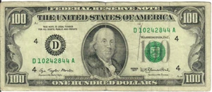 1977 100$ FRN - Small portrait - ATM/WMB D10242844A - #15284 - Picture 1 of 2