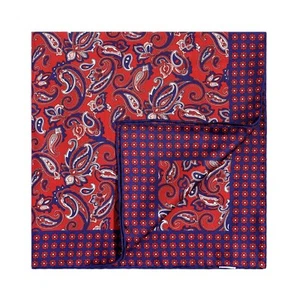 Men's 100%Silk Twill Handkerchief Red Blue Paisley Vintage Pocket Square 21"53cm - Picture 1 of 8