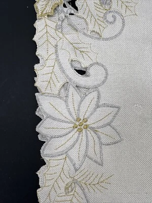 Christmas Holiday Table Runner Cream White Gold Poinsettias 13.75 X 72” - Image 1 of 4