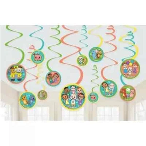 COCOMELON PARTY SUPPLIES FOIL SWIRL SPIRAL HANGING DECORATIONS 12 PIECES S22 - Picture 1 of 2