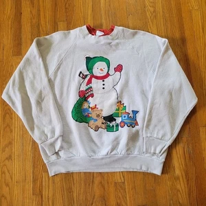 Vintage Weihnachtsapplikation L Sweatshirt Grandmacore Ugly Xmas Sweater Schneemann Geschenke - Bild 1 von 9