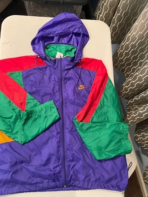 Vintage Nike 90s Colorblock Windbreaker Hooded Jacket Purple Green Yellow Size L - Image 1 of 4